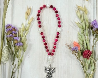 Handmade Pink Tiger's Eye Pearl Prayer Beads | Angel Pendant Christian Devotional Jewelry