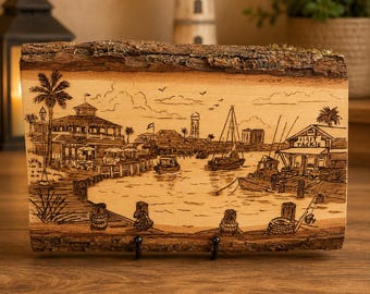 Hand-Burned Coastal Marina Wood Art | Nautical Basswood Plaque | Rustic Harbor Decor