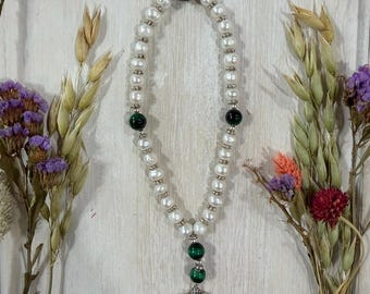 Freshwater Pearl Blue Tiger's Eye Prayer Beads | Crown of Thorns Pendant