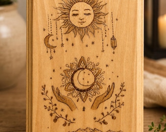 Hand-Burned Celestial Wood Art | Sun & Moon Pyrography | Boho Basswood Decor