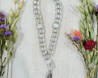 Handmade Quartz, White Cat's Eye Prayer Beads with Ichthys Pendant