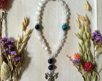 White Cat's Eye Blue Tiger's Eye Prayer Beads with Angel Pendant
