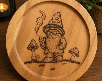 Hand-Burned Mushroom Gnome Wooden Tray | Whimsical Woodland Decor | Rustic Serving Plate