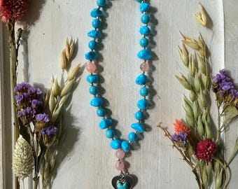 Handmade Opalite Blue Magnesite Prayer Beads | Heart Pendant Devotional Christian Gift