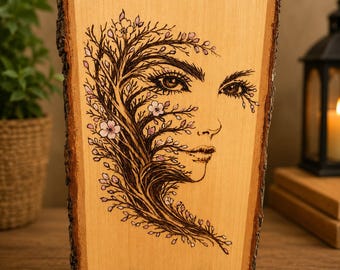 Hand-Burned Floral Portrait Wood Art | Botanical Woman Pyrography | Rustic Basswood Wall Decor
