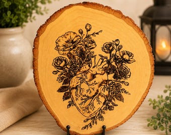 Hand-Burned Anatomical Heart Floral Wood Art | Botanical Pyrography on Basswood | Rustic Nature Decor