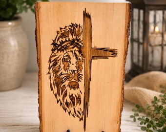 Hand-Burned Lion & Cross Wood Art | Rustic Christian Wall Decor | Basswood Plaque