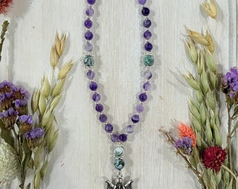 Amethyst Green Moss Agate Angel Prayer Beads | Christian Devotional Handmade Jewelry