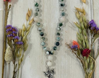 Green Moss Agate Moonstone Prayer Beads with Angel Pendant | Christian Devotional Beads