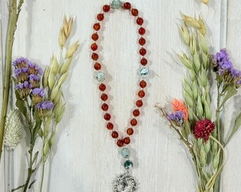 Carnelian Green Moss Agate Prayer Beads | Crown of Thorns Pendant, Christian Devotional Item