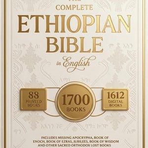 Puede incluir: La Biblia etíope completa en inglés. La portada es de color blanquecino con letras y detalles dorados. Incluye 88 libros impresos, 1700 libros y 1612 libros digitales. El texto incluye los Apócrifos perdidos.
