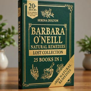 May include: A dark green hardcover book with gold lettering. The book is titled "Barbara O'Neill Natural Remedies Lost Collection". It features the text "20+ Hours of Dr. Barbara's Teaching Video Included" and "+800 Natural Remedies".