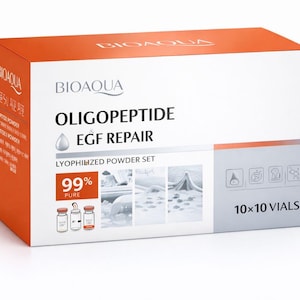 Pu&ograve; includere: Una scatola bianca e arancione di BIOAQUA Oligopeptide EGF Repair set di polvere liofilizzata. La scatola presenta il marchio, il nome del prodotto e un'etichetta 99% puro. Contiene 10 x 10 fiale.