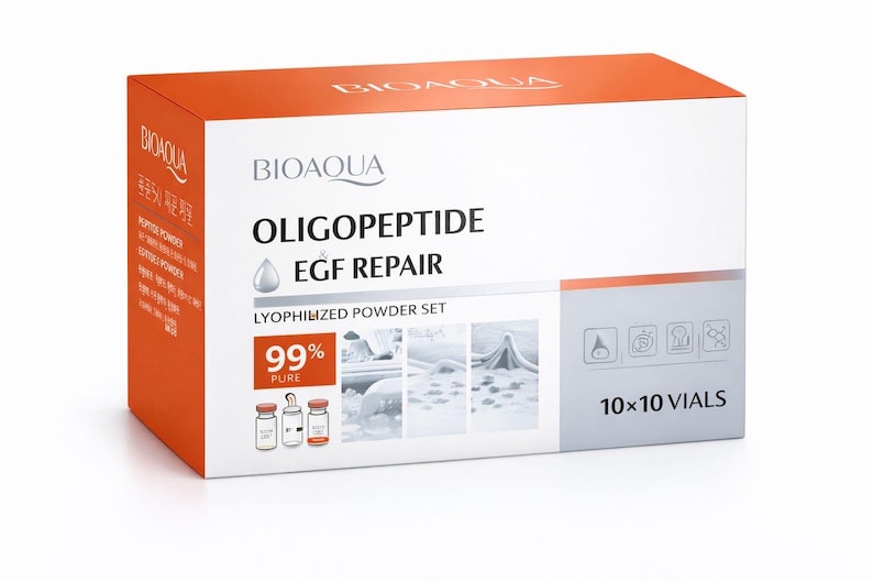 Pu&ograve; includere: Una scatola bianca e arancione di BIOAQUA Oligopeptide EGF Repair set di polvere liofilizzata. La scatola presenta il marchio, il nome del prodotto e un'etichetta 99% puro. Contiene 10 x 10 fiale.