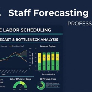 May include: A dark blue graphic with the text "HOS Staff Forecasting Engine" and "Professional Tool." The image displays data visualizations, including line graphs and bar charts, related to revenue forecasting and labor scheduling. Weather and labor efficiency data are also shown.
