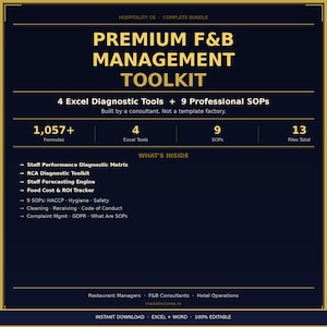 Peut inclure: Graphique bleu foncé avec texte doré annonçant un Premium F&B Management Toolkit. Le toolkit comprend 4 outils de diagnostic Excel, 9 SOP et plus de 1 057 formules. Le texte liste également le contenu du toolkit.