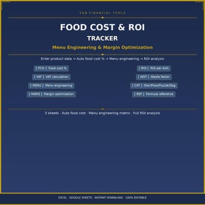 Peut inclure: Document numérique bleu foncé intitulé "FOOD COST & ROI TRACKER" avec des accents dorés. Le document comprend des sections pour l'ingénierie des menus, l'optimisation des marges et l'analyse du ROI. Le texte comprend "EXCEL GOOGLE SHEETS INSTANT DOWNLOAD 100% EDITABLE."