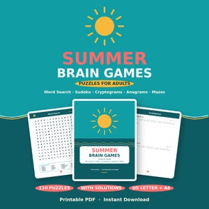 May include: A digital book cover and two interior pages for Summer Brain Games Puzzles for Adults. The teal cover features a yellow sun icon, pink text, and lists word search, sudoku, cryptograms, anagrams, and mazes. Includes 110 puzzles.