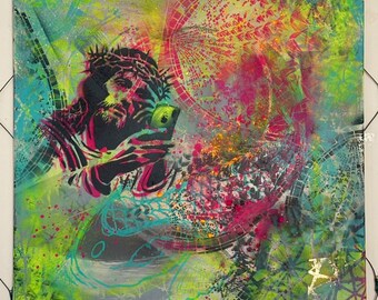 Tela "O Senhor e a Maçã" | Desdém Divino | Grafite Moderno Abstrato Reativo a Neon UV | Arte Psicodélica de Jesus para iPhone