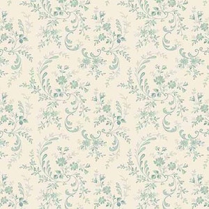 May include: A seamless pattern featuring delicate, swirling branches with small, light blue flowers on a cream background.