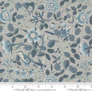 May include: A blue and white floral fabric with a repeating pattern of roses, leaves, and birds. The fabric has a light gray background and is perfect for quilting, sewing, and crafting.