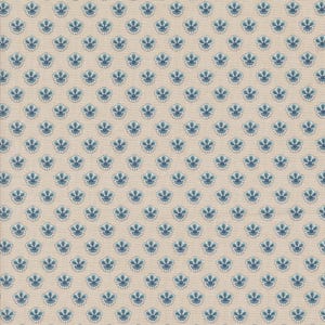 May include: A beige fabric with a repeating pattern of blue stylized flowers.