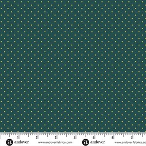 May include: A teal fabric with a repeating pattern of small, light green dots. The fabric is shown with a ruler for scale.
