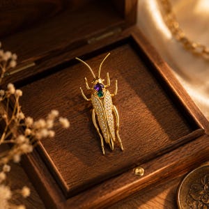 May include: A gold-colored insect brooch with a detailed design. The brooch features a body encrusted with small, clear crystals and a head adorned with purple and green gemstones. It rests inside a wooden box.
