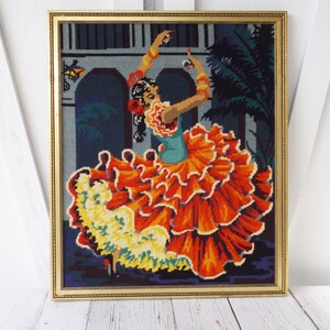 Flamenco Dancer/ Needlepoint/Bright Orange/Red/ Yellow/ Large/ 19 x 23/ Framed/ Wall Art/ Home Decor/