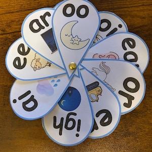 Peut inclure: Un jouet éducatif coloré en forme de moulinet, présentant divers sons de mots. Chaque pétale affiche une combinaison de sons différente, comme "ar", "oo" et "igh", accompagnée d'illustrations. Le jouet est conçu pour l'apprentissage de la lecture.