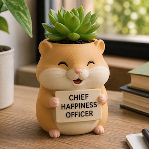 May include: A light brown hamster-shaped planter with a cream-colored belly and face, holding a rectangular sign that reads CHIEF HAPPINESS OFFICER in black text. A green succulent plant is potted inside the top of the hamster figure.