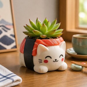 May include: A white cat-shaped planter featuring a salmon-colored sushi topping secured by a black band, holding a green succulent plant. The cat has a smiling face with pink cheeks and whiskers, designed as a decorative container for small plants.