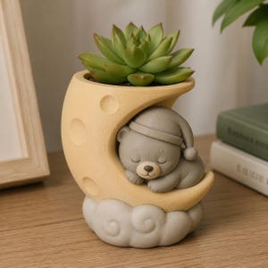 Sleepy Moon Bear 3D Printed Planter Pot - Hand Painted Celestial Succulent Pot and Cute Desk Decor