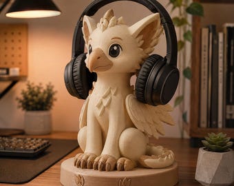 Baby Griffin hoofdtelefoonhouder, handgeschilderde houder in de vorm van een mythisch wezen, fantasievolle bureaudecoratie, uniek 3D-geprint audioaccessoire