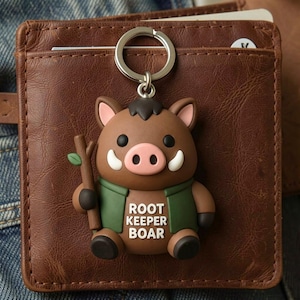 Root Keeper Boar Keychain, Hand-Painted Forest Spirit Feral Hog Charm, Single Artisan Woodland Creature Accessory