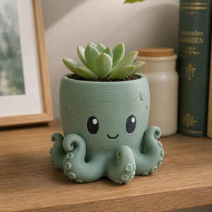 May include: A sage green octopus-shaped planter with a textured surface, featuring a smiling face with black oval eyes and curled tentacles at the base. A light green succulent plant is potted inside the top opening of the ceramic container.