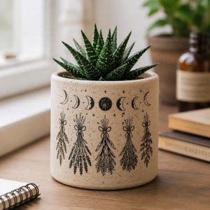 Maceta impresa en 3D Celeste Moon Phase - Maceta botánica para suculentas pintada a mano con diseño moteado.