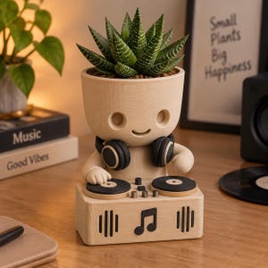 May include: A light-colored, smooth-textured planter shaped like a character wearing black headphones and operating a DJ turntable console. The base features a musical note icon and sound wave graphics. A green succulent plant sits in the head.