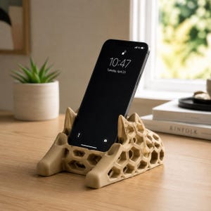 Soporte para teléfono impreso en 3D con diseño abstracto de panal de abeja, soporte de plástico ecológico colorido para smartphone, ideal para espacios de trabajo modernos. Accesorio de escritorio único.