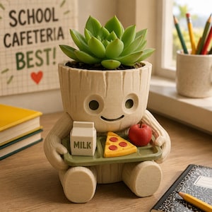 May include: A light beige, tree-like character planter with a green succulent plant. The character holds a green cafeteria tray containing a white milk carton, a slice of pepperoni pizza, and a red apple. The planter has a smooth, wood-grain texture.