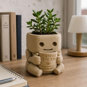 Puede incluir: Una maceta con forma de robot de color beige claro que contiene una suculenta verde. La figura del robot tiene una cara sonriente y sostiene una taza con el texto COFFEE GOLEM POWERED BY DEADLINES en relieve. Acabado mate y liso.