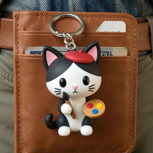 Memory Painter Cat Keychain, Whimsical Artist Feline Charm, Hand-Painted 3D Printed Keepsake