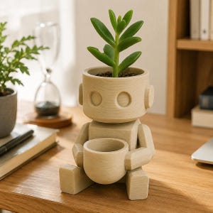 May include: A beige, 3D-printed robot-shaped planter with a smooth, matte finish. The robot has a cylindrical head containing a green succulent plant and a smaller, bowl-shaped container held in its hands. The figure is seated with legs extended.