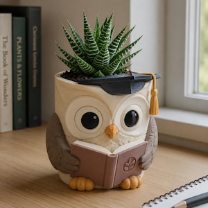 Pode incluir: Um vaso em forma de coruja na cor creme que segura um livro castanho entre as asas, com um capelo preto com borla amarela no topo e uma planta suculenta verde com riscas brancas horizontais plantada na cabeça da coruja.
