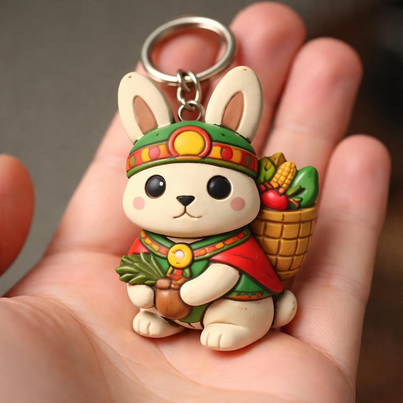 Aztec Merchant Rabbit Figurine Keychain, Hand-painted Mesoamerican ...