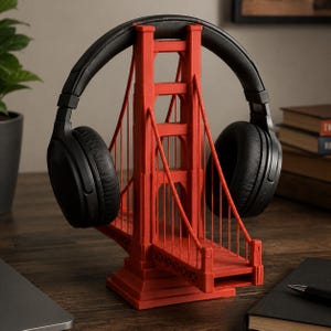 Golden Gate Bridge Headphone Stand, Sculptural 3D Printed Audio Display, Architectural Desk Art, Hand-Painted Headset Holder