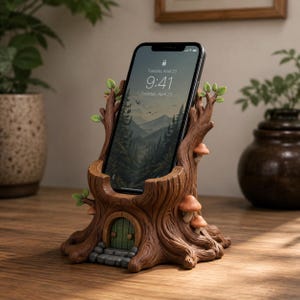 May include: A brown tree stump-shaped smartphone stand featuring a small green arched door at the base, stone-like steps, and several orange mushrooms growing from the textured bark. The stand holds a smartphone displaying the time 9:41.