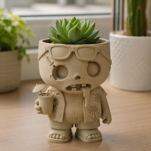 May include: A beige, matte-finish planter shaped like a zombie character wearing sunglasses, a short-sleeved shirt with a palm tree pattern, and shorts. The figure holds a cup with a straw and a small umbrella, with a green succulent planted inside.