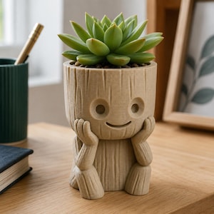 以下が含まれることがあります： 緑色の多肉植物が入った、Grootにインスパイアされたタン色の植木鉢。 植木鉢には笑顔の顔があり、腕は膝の上に置かれています。 植木鉢はテクスチャード加工された素材で作られています。