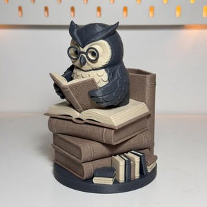 May include: A dark gray and cream-colored owl figurine wearing glasses, reading a book, and sitting atop a stack of books. The owl is a pen holder, with a slot for pens or pencils. The base is dark gray.